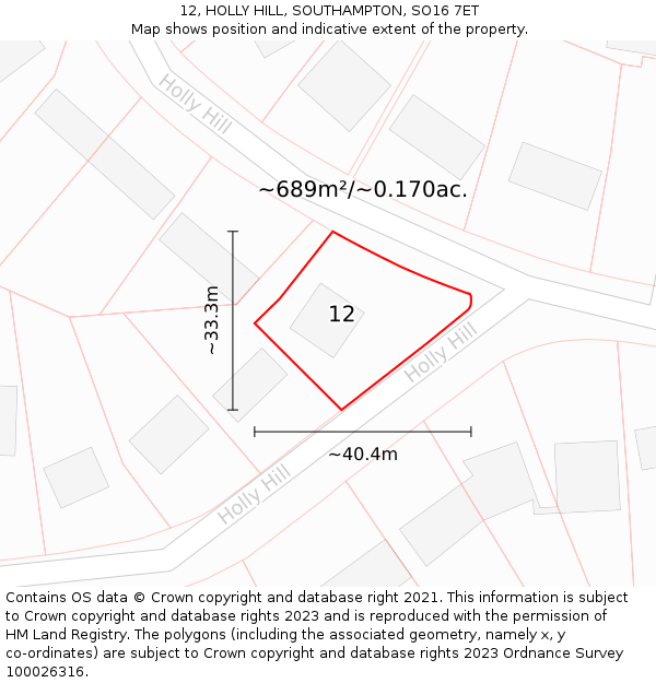 12, HOLLY HILL, SOUTHAMPTON, SO16 7ET: Plot and title map