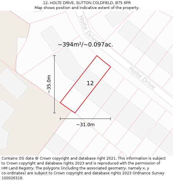 12, HOLTE DRIVE, SUTTON COLDFIELD, B75 6PR: Plot and title map