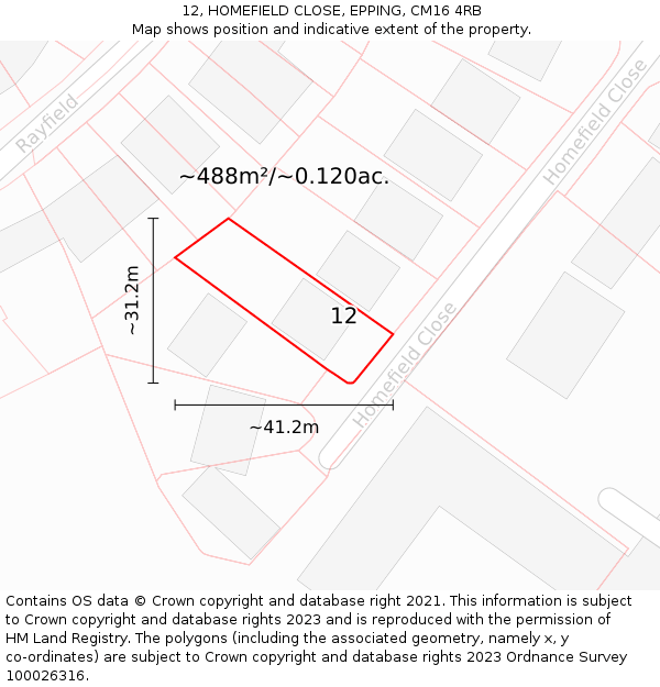 12, HOMEFIELD CLOSE, EPPING, CM16 4RB: Plot and title map