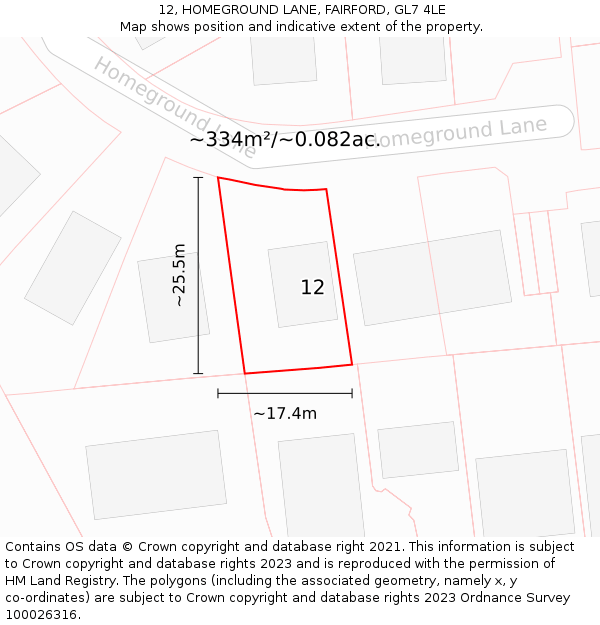 12, HOMEGROUND LANE, FAIRFORD, GL7 4LE: Plot and title map