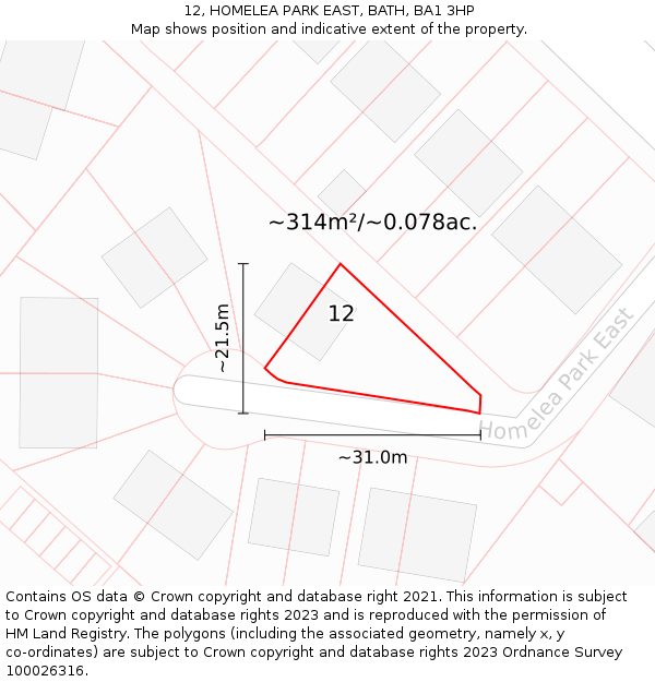 12, HOMELEA PARK EAST, BATH, BA1 3HP: Plot and title map