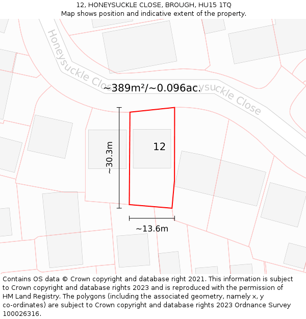 12, HONEYSUCKLE CLOSE, BROUGH, HU15 1TQ: Plot and title map