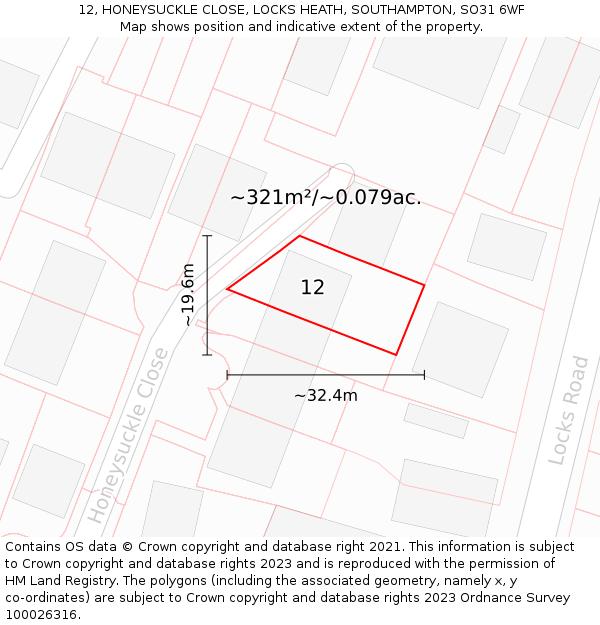12, HONEYSUCKLE CLOSE, LOCKS HEATH, SOUTHAMPTON, SO31 6WF: Plot and title map