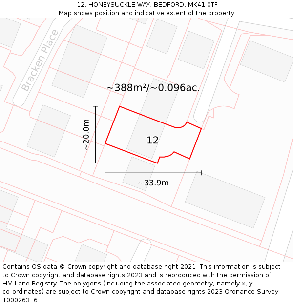 12, HONEYSUCKLE WAY, BEDFORD, MK41 0TF: Plot and title map