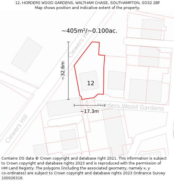 12, HORDERS WOOD GARDENS, WALTHAM CHASE, SOUTHAMPTON, SO32 2BF: Plot and title map