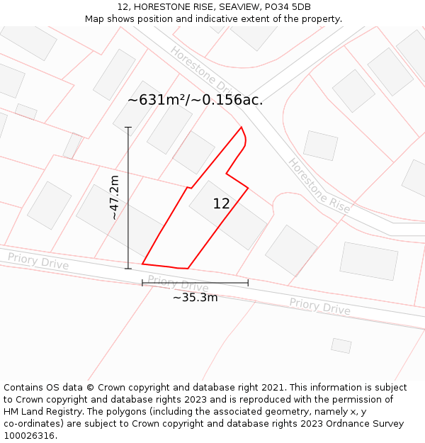 12, HORESTONE RISE, SEAVIEW, PO34 5DB: Plot and title map