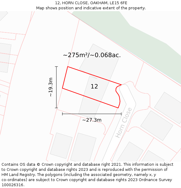 12, HORN CLOSE, OAKHAM, LE15 6FE: Plot and title map