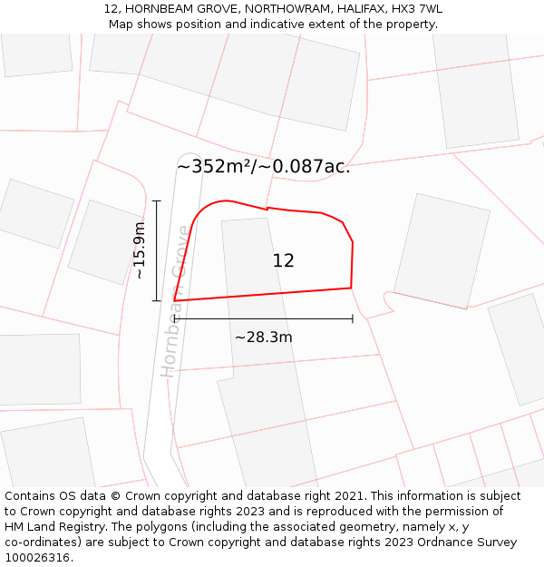 12, HORNBEAM GROVE, NORTHOWRAM, HALIFAX, HX3 7WL: Plot and title map