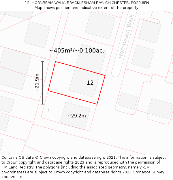12, HORNBEAM WALK, BRACKLESHAM BAY, CHICHESTER, PO20 8FN: Plot and title map