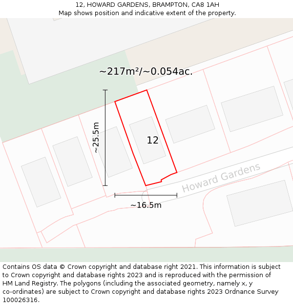 12, HOWARD GARDENS, BRAMPTON, CA8 1AH: Plot and title map