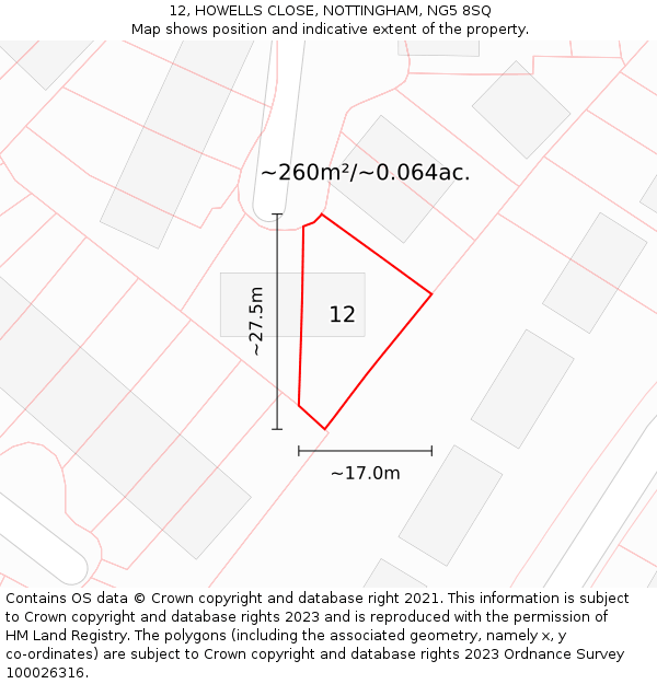 12, HOWELLS CLOSE, NOTTINGHAM, NG5 8SQ: Plot and title map