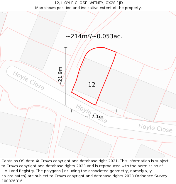 12, HOYLE CLOSE, WITNEY, OX28 1JD: Plot and title map