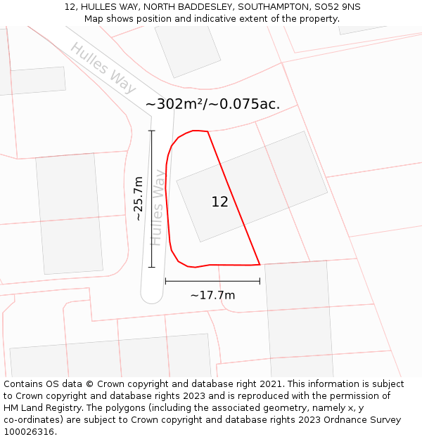 12, HULLES WAY, NORTH BADDESLEY, SOUTHAMPTON, SO52 9NS: Plot and title map