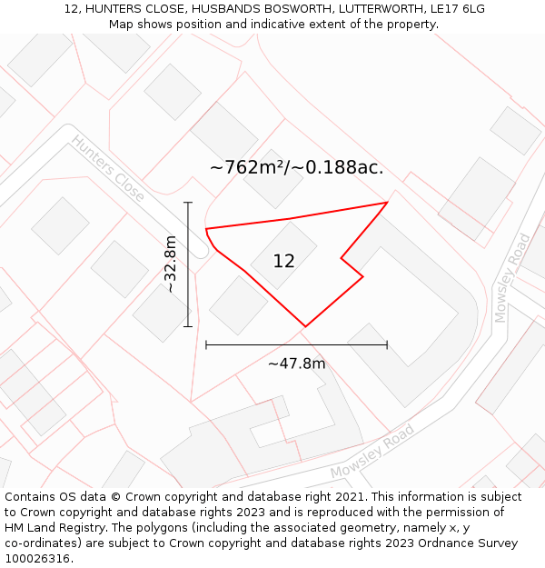 12, HUNTERS CLOSE, HUSBANDS BOSWORTH, LUTTERWORTH, LE17 6LG: Plot and title map