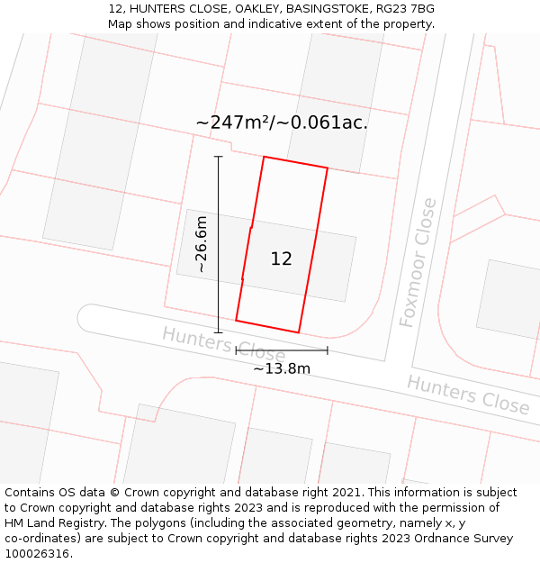 12, HUNTERS CLOSE, OAKLEY, BASINGSTOKE, RG23 7BG: Plot and title map