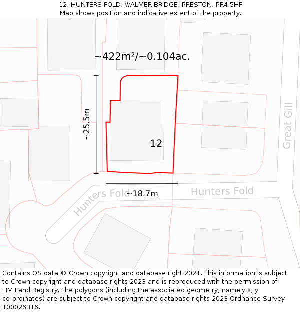 12, HUNTERS FOLD, WALMER BRIDGE, PRESTON, PR4 5HF: Plot and title map