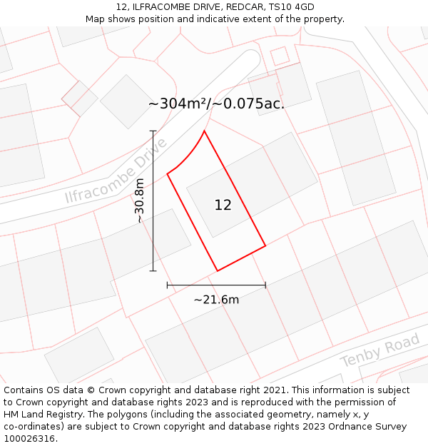 12, ILFRACOMBE DRIVE, REDCAR, TS10 4GD: Plot and title map