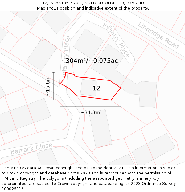 12, INFANTRY PLACE, SUTTON COLDFIELD, B75 7HD: Plot and title map