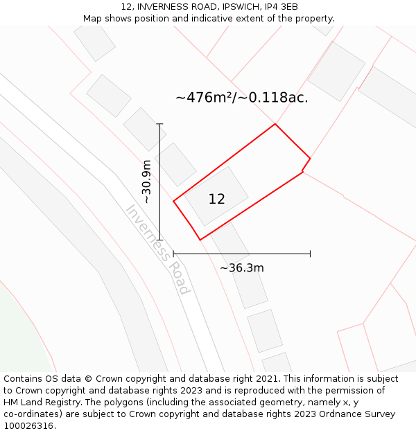 12, INVERNESS ROAD, IPSWICH, IP4 3EB: Plot and title map