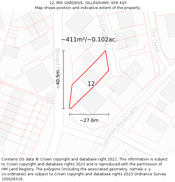 12, IRIS GARDENS, GILLINGHAM, SP8 4QY: Plot and title map