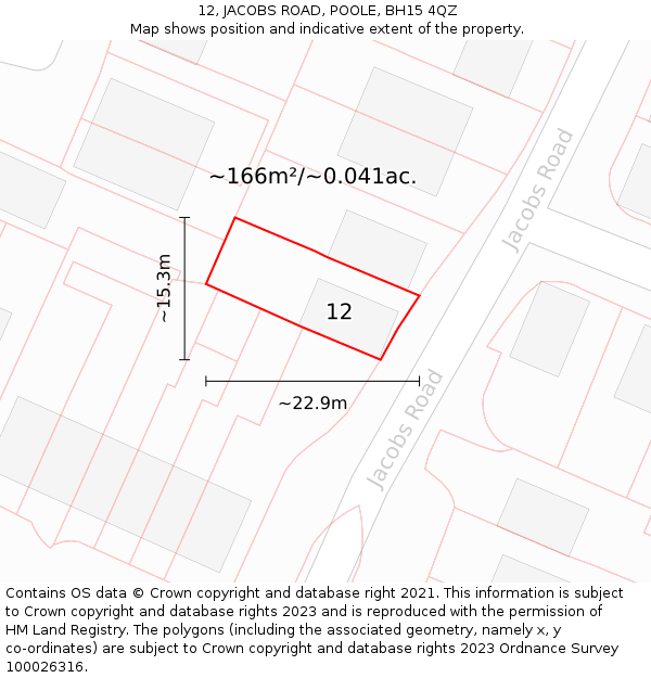 12, JACOBS ROAD, POOLE, BH15 4QZ: Plot and title map