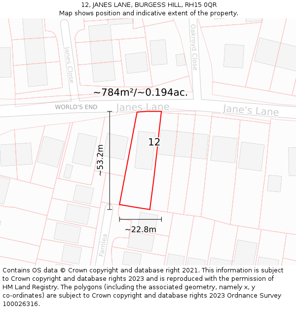 12, JANES LANE, BURGESS HILL, RH15 0QR: Plot and title map