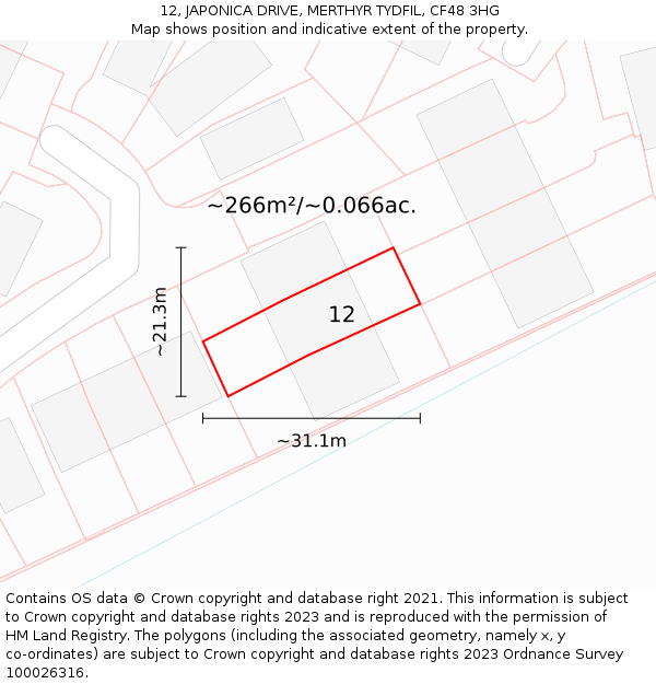 12, JAPONICA DRIVE, MERTHYR TYDFIL, CF48 3HG: Plot and title map