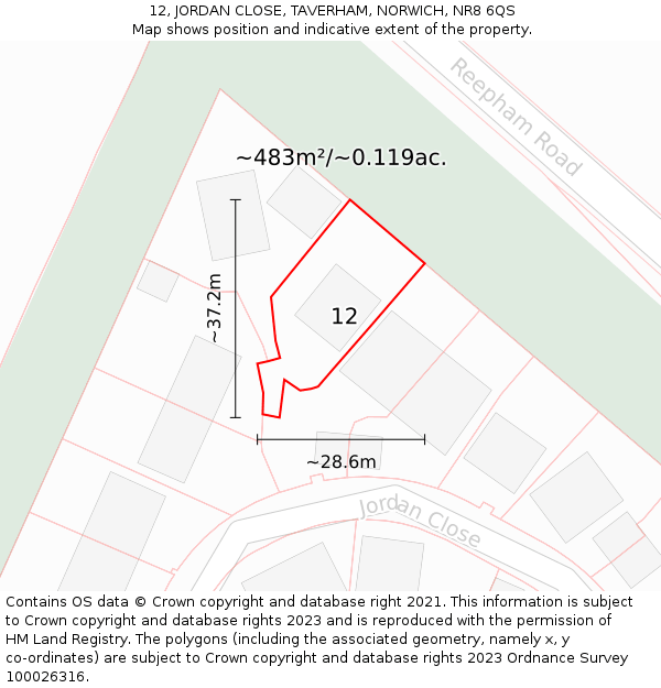 12, JORDAN CLOSE, TAVERHAM, NORWICH, NR8 6QS: Plot and title map