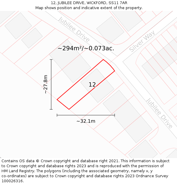 12, JUBILEE DRIVE, WICKFORD, SS11 7AR: Plot and title map