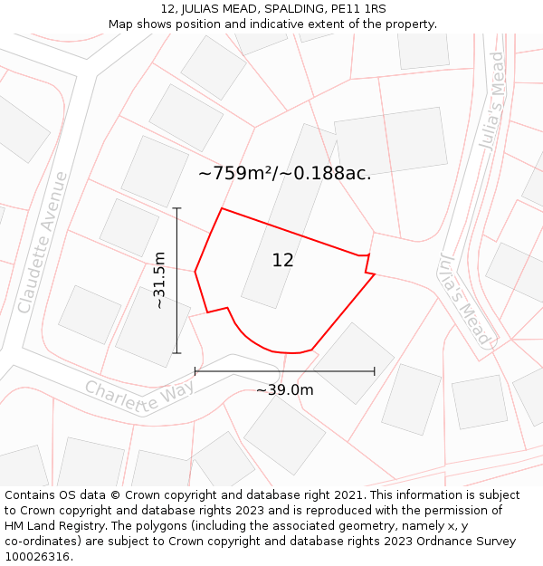 12, JULIAS MEAD, SPALDING, PE11 1RS: Plot and title map