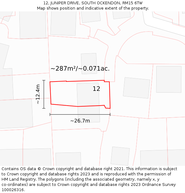 12, JUNIPER DRIVE, SOUTH OCKENDON, RM15 6TW: Plot and title map