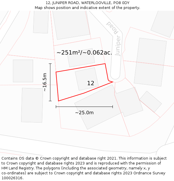 12, JUNIPER ROAD, WATERLOOVILLE, PO8 0DY: Plot and title map