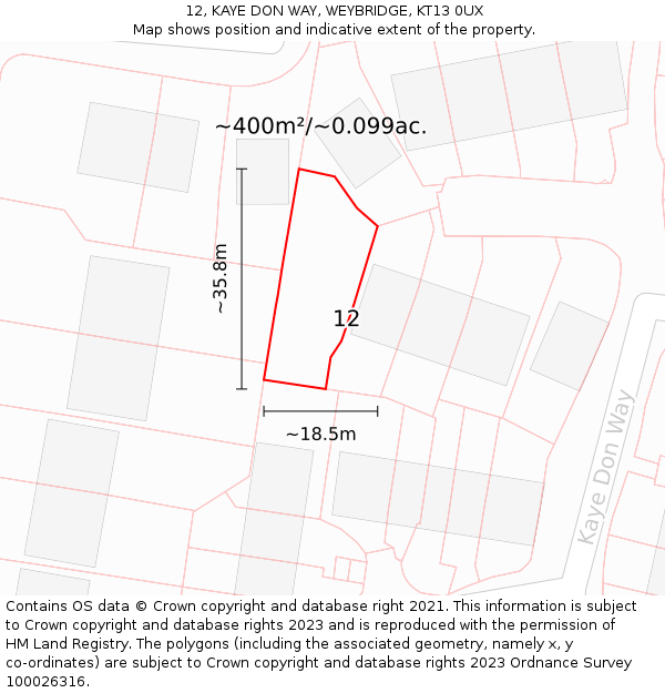 12, KAYE DON WAY, WEYBRIDGE, KT13 0UX: Plot and title map