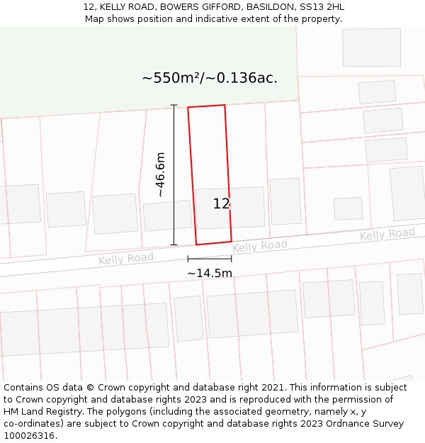 12, KELLY ROAD, BOWERS GIFFORD, BASILDON, SS13 2HL: Plot and title map