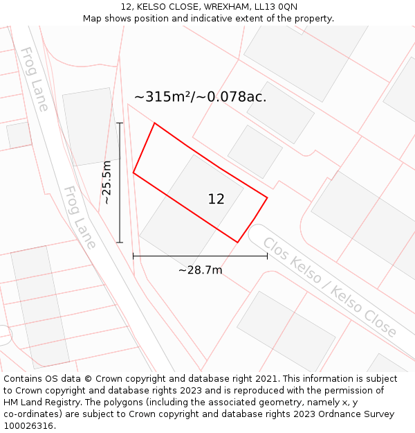 12, KELSO CLOSE, WREXHAM, LL13 0QN: Plot and title map