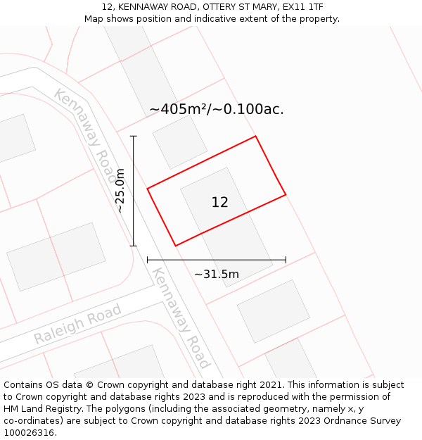 12, KENNAWAY ROAD, OTTERY ST MARY, EX11 1TF: Plot and title map