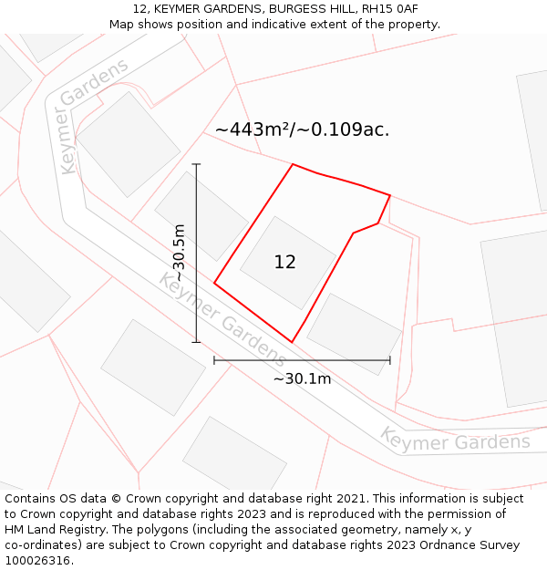 12, KEYMER GARDENS, BURGESS HILL, RH15 0AF: Plot and title map