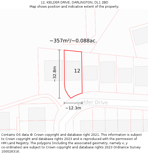 12, KIELDER DRIVE, DARLINGTON, DL1 2BD: Plot and title map