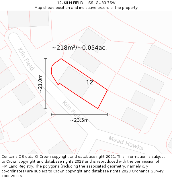 12, KILN FIELD, LISS, GU33 7SW: Plot and title map