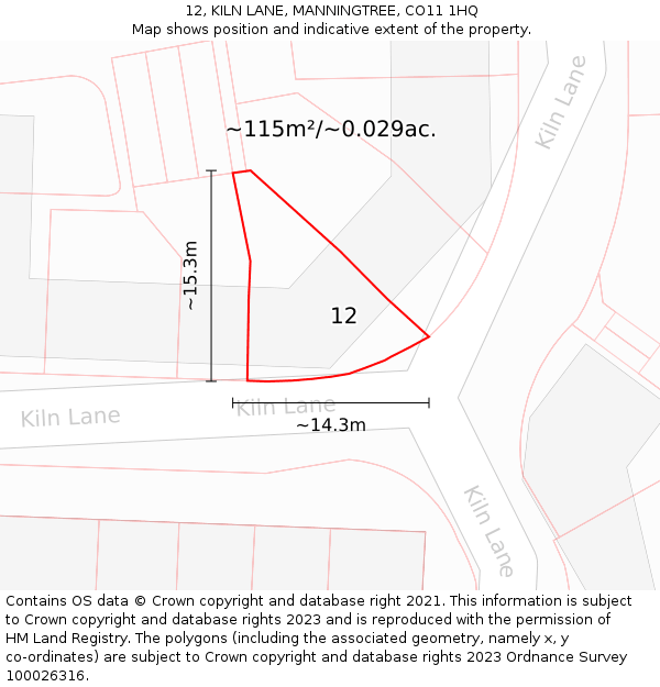 12, KILN LANE, MANNINGTREE, CO11 1HQ: Plot and title map