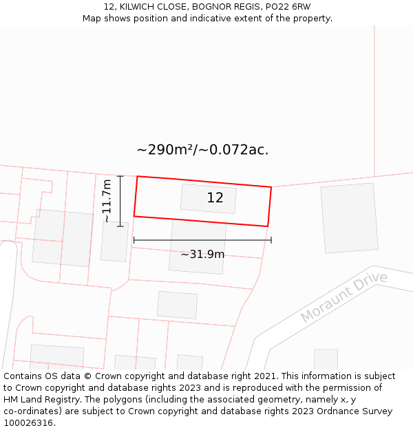 12, KILWICH CLOSE, BOGNOR REGIS, PO22 6RW: Plot and title map