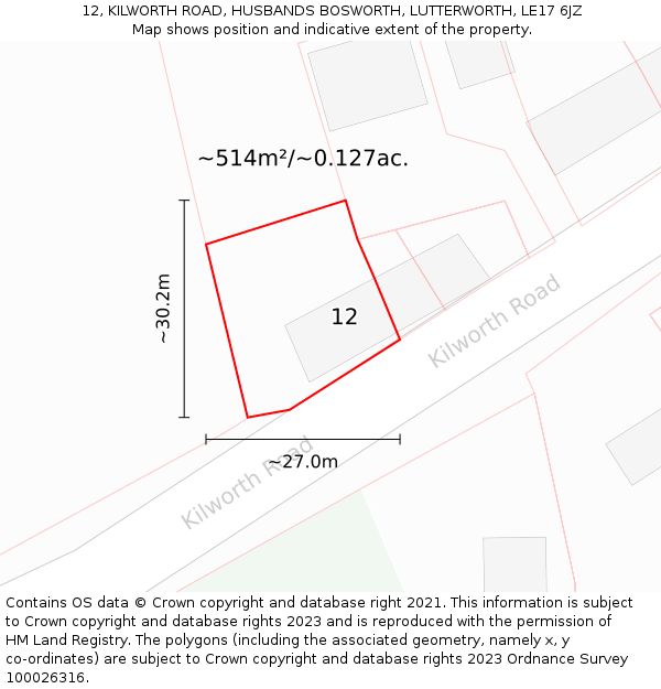 12, KILWORTH ROAD, HUSBANDS BOSWORTH, LUTTERWORTH, LE17 6JZ: Plot and title map