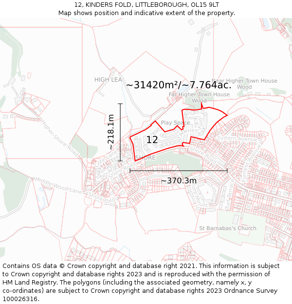 12, KINDERS FOLD, LITTLEBOROUGH, OL15 9LT: Plot and title map