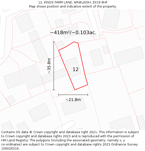 12, KINGS FARM LANE, WINKLEIGH, EX19 8HF: Plot and title map