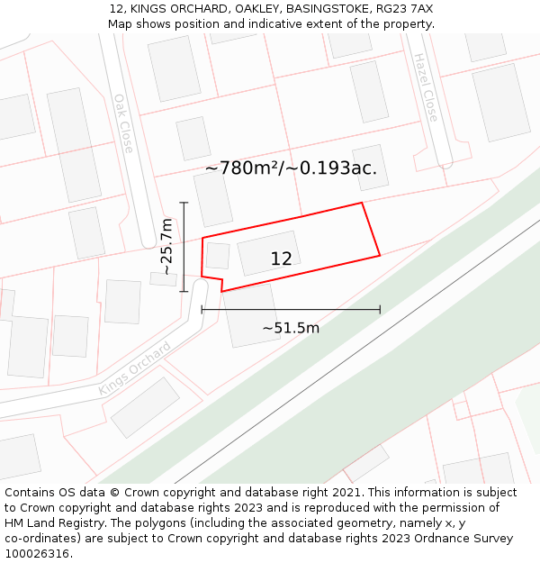 12, KINGS ORCHARD, OAKLEY, BASINGSTOKE, RG23 7AX: Plot and title map