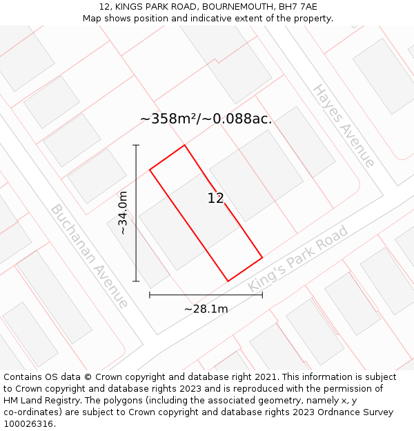 12, KINGS PARK ROAD, BOURNEMOUTH, BH7 7AE: Plot and title map