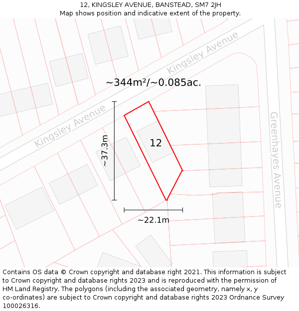 12, KINGSLEY AVENUE, BANSTEAD, SM7 2JH: Plot and title map