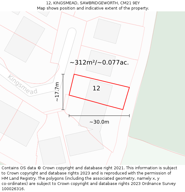 12, KINGSMEAD, SAWBRIDGEWORTH, CM21 9EY: Plot and title map