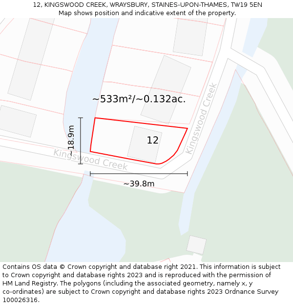 12, KINGSWOOD CREEK, WRAYSBURY, STAINES-UPON-THAMES, TW19 5EN: Plot and title map