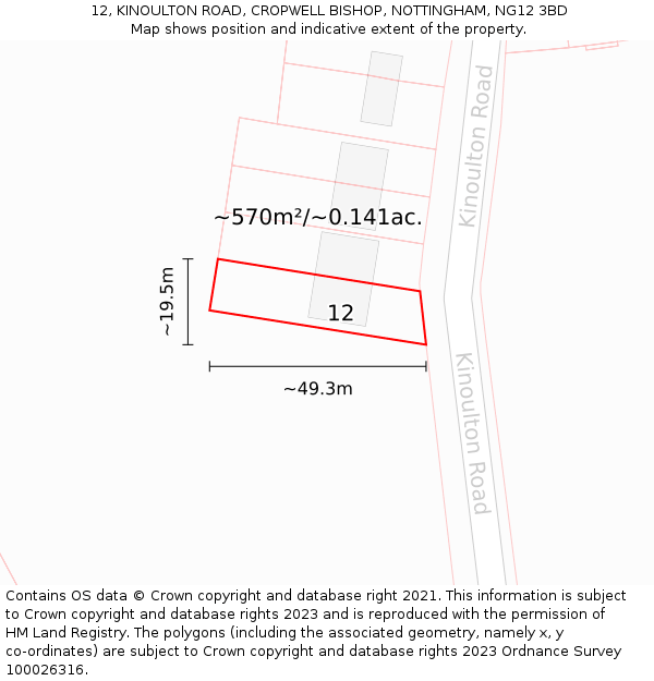 12, KINOULTON ROAD, CROPWELL BISHOP, NOTTINGHAM, NG12 3BD: Plot and title map